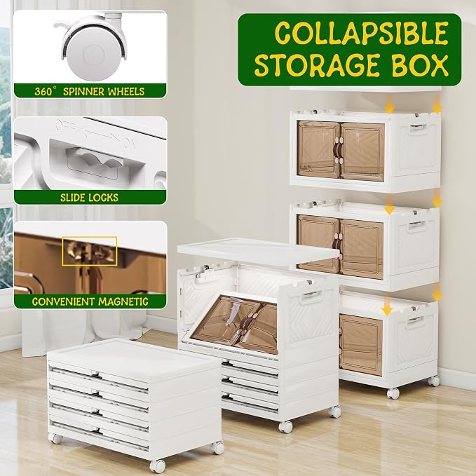 Storage Bins with Lids and Wheels, Collapsible Bathroom Storage Cabinet with - Image 4