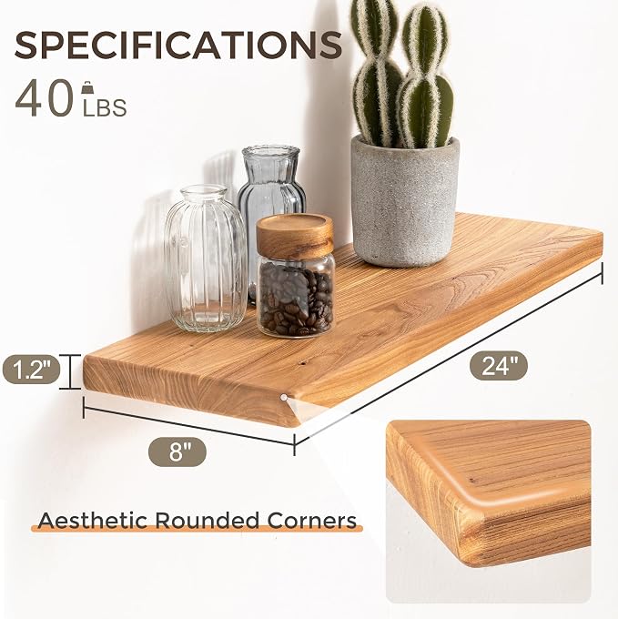 24" Rustic Elm Wood Floating Shelves, 8 Inch Deep Wall Shelves - Image 3