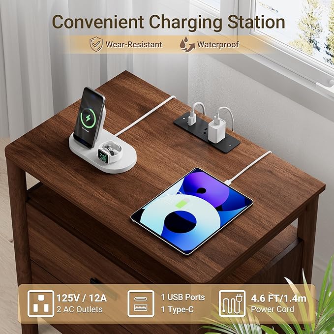 Night Stand Set of 2 with Charging Station, 2 Drawers End Table with Open Shelf - Image 4