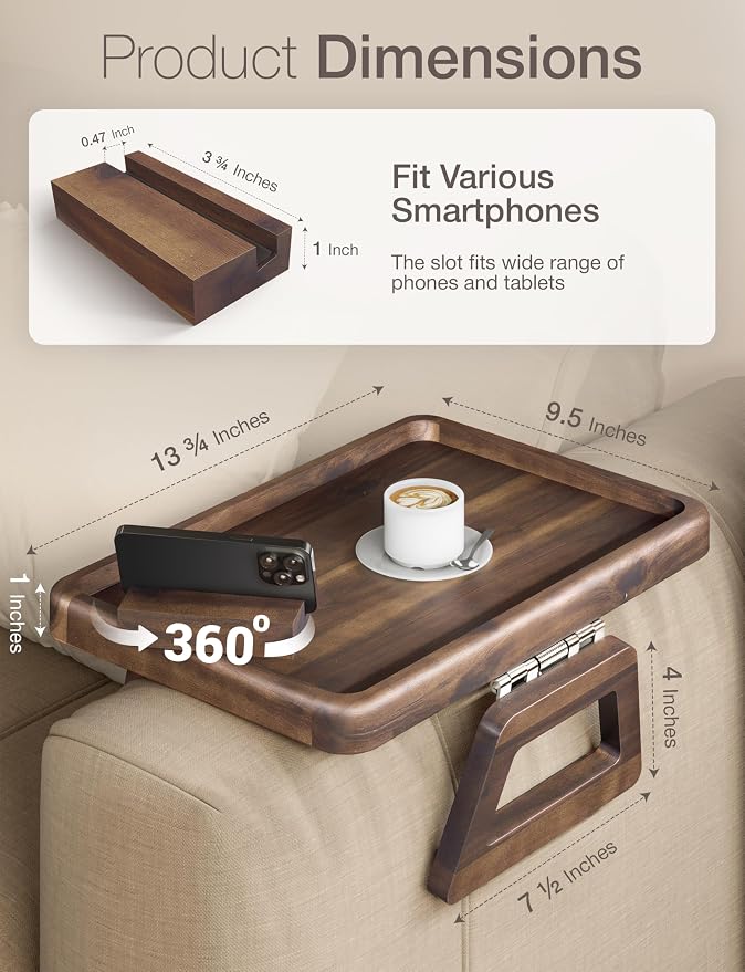 Tinamo Acacia Sofa Arm Tray, Couch Armrest Table - Image 2