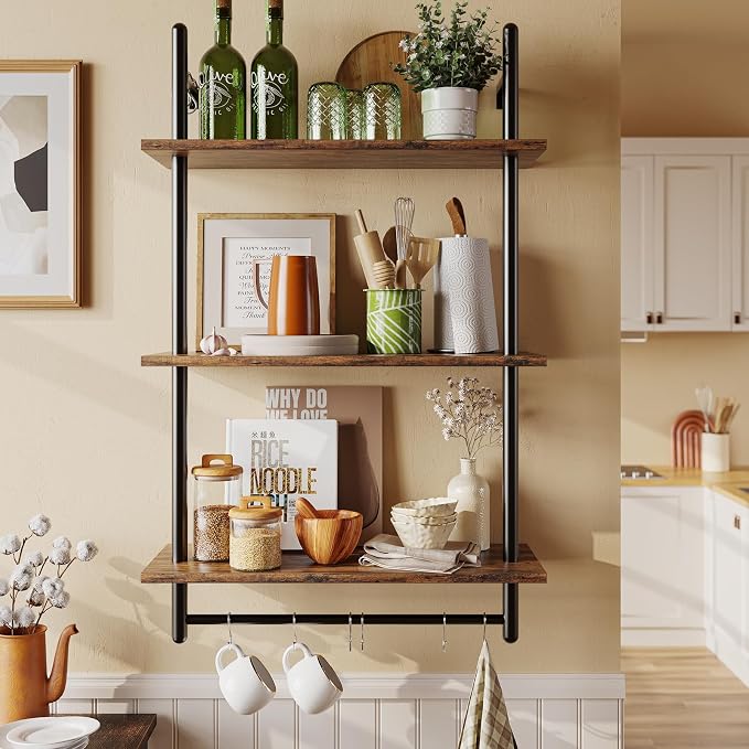Bestier 3 Tier Industrial Pipe Shelving, Floating Kitchen Shelves by Bestier