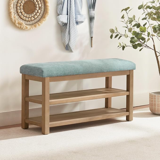 Shoe Rack Bench with Cushion, 2 Tier Solid Wood Storage Bench, Mid-Century - Image 3