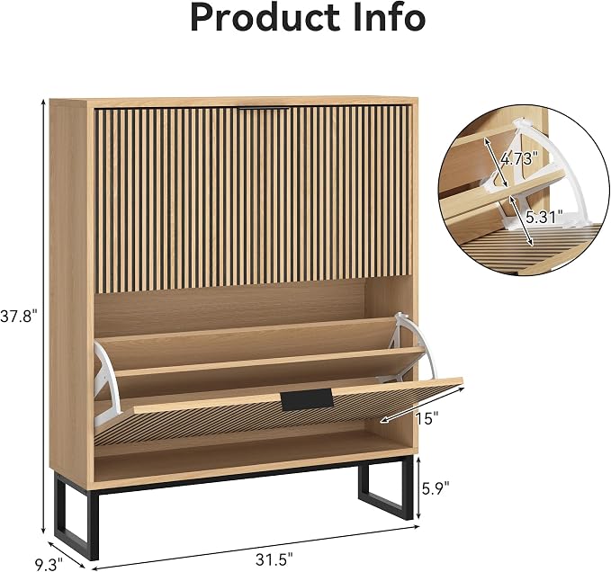 Shoe Cabinet with 2 Flip Drawers Set of 2, Narrow Wood Shoe Cabinet Storage - Image 2