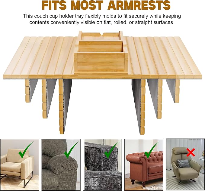 Adjustable Bamboo Couch Cup Holder – Foldable Non-Slip Sofa Arm Tray Couch Caddy - Image 3