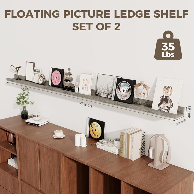Axeman Grey Floating Shelves | 72 Inch Picture Ledge Shelf Set of 2 | Rustic - Image 4