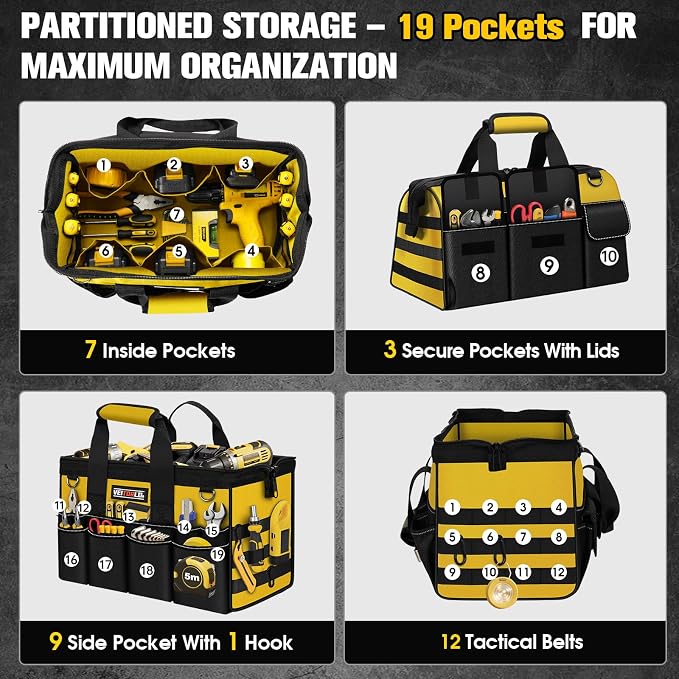 16-Inch Heavy Duty Tool Bag, 19-Pockets Tool Box Organizer, Portable Toolbag - Image 3