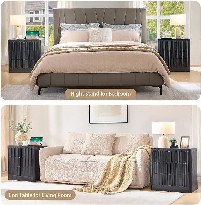 Black 23.6" Nightstand with Charging Station, Side Table with 3 Storage Drawers - Image 7