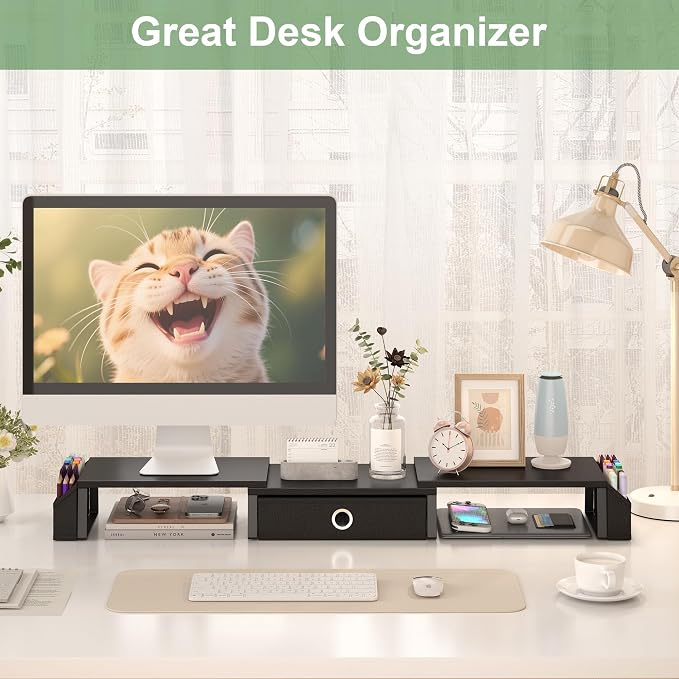 Dual Monitor Stand Riser w/ Drawer & Metal Leg, Large Computer Monitor Riser w/ - Image 6