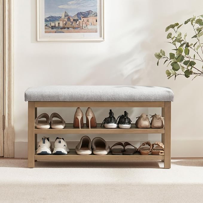 2 Tier Shoe Rack Bench with Cushion, Solid Wood Shoe Benches, Mid-Century by Zihanhome