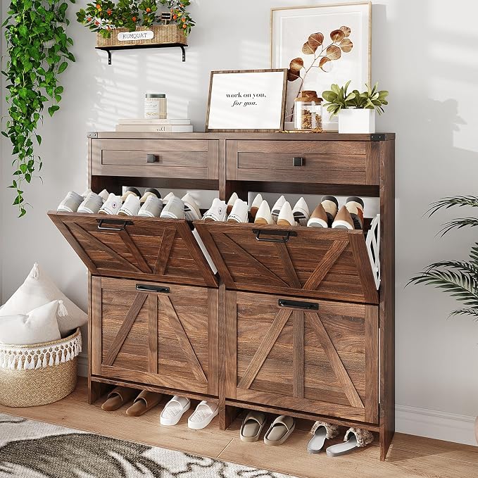 Shoe Cabinet with 4 Flip Drawers & 2 Drawers, Farmhouse Shoe Storage Cabinet - Image 9