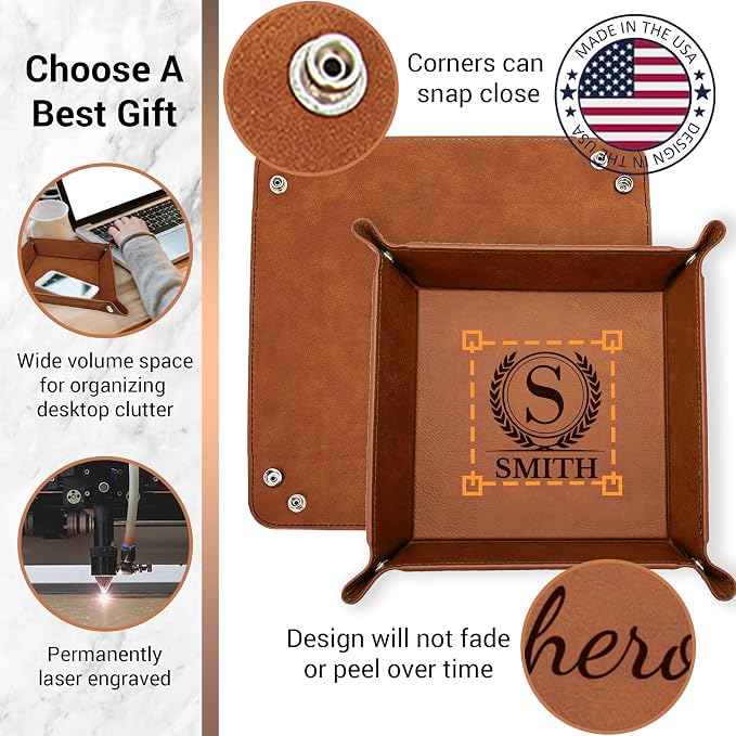 Personalized Valet Tray, Custom Engraved Leather Keys Tray - Image 4