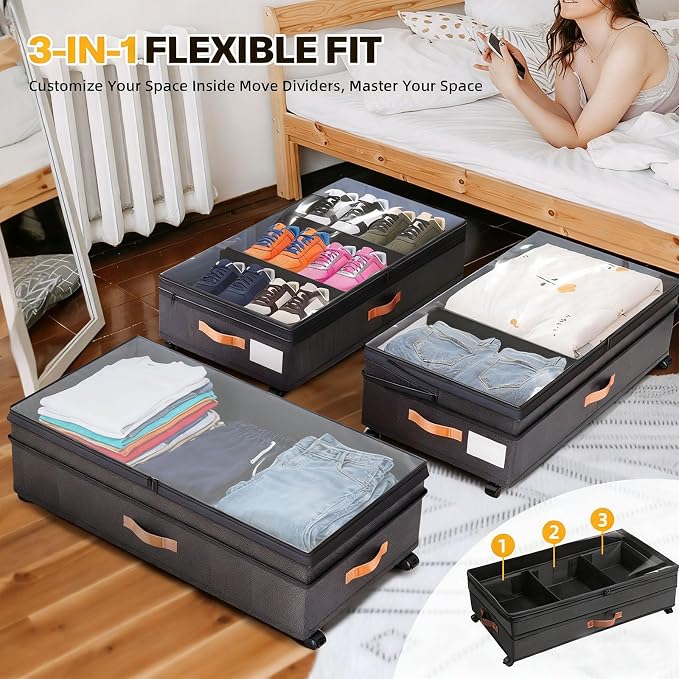 Under Bed Storage with Wheels, 2 Packs XXL Underbed Organizer with Lid - Image 5