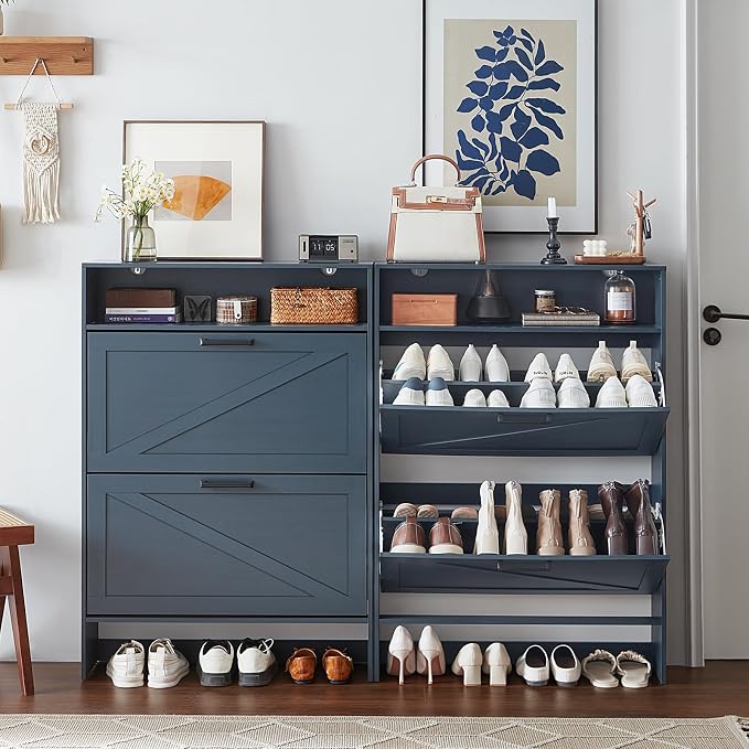 Shoe Storage Cabinet with 2 Flip Drawers, Farmhouse Narrow Shoe Organizer with - Image 5
