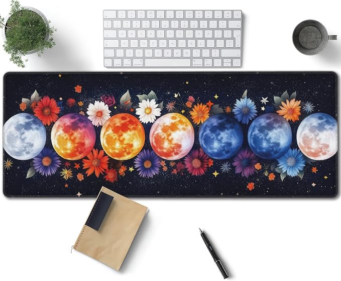 Colorful Moon Phases Large Mouse Pad, Watercolor Flowers Gaming Desk Mat by Unknown
