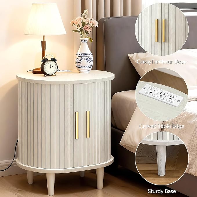 Nightstands Set of 2 & Charging Station, Fluted Accent Side Table - Image 4