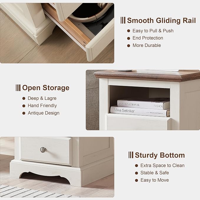 T4TREAM Nightstand with Charging Station, 18 Inch Vintage End Table with 2 - Image 8