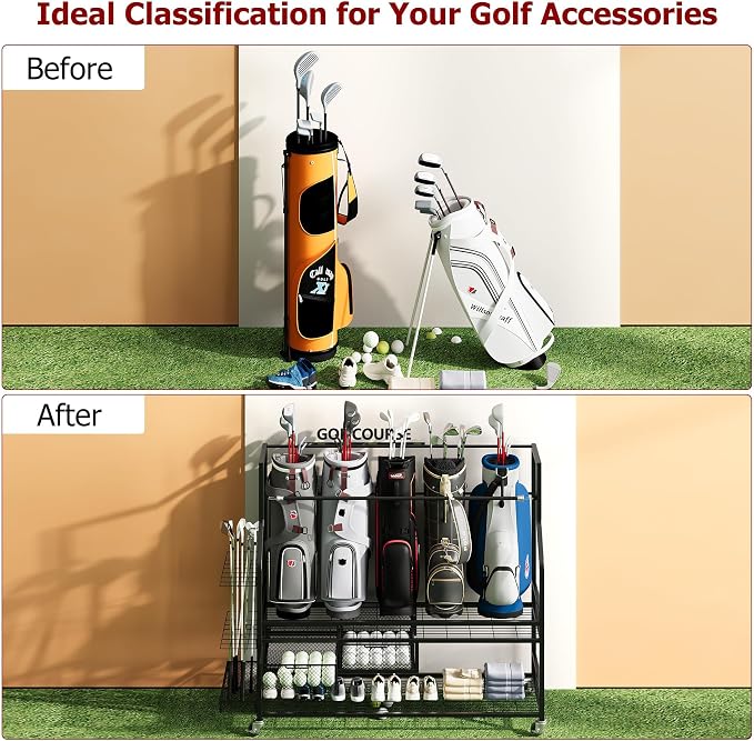 Golf Bag Storage Rack on Wheels, Mobile 5-Bag Organizer - Image 7