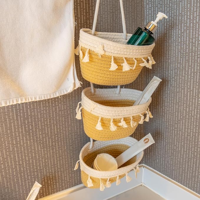 JJSQYLAN Over the Door Hanging Basket 3 Tier Small Woven Cotton Wall Hanging - Image 5