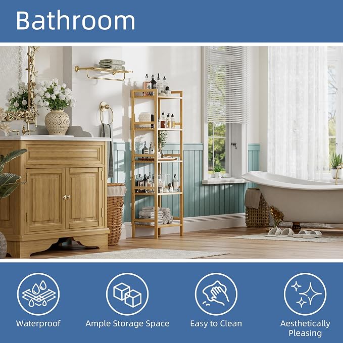 HITNET Tall Narrow Bookshelf, 5 Tier Bathroom Shelf Bamboo, Floor Standing - Image 5