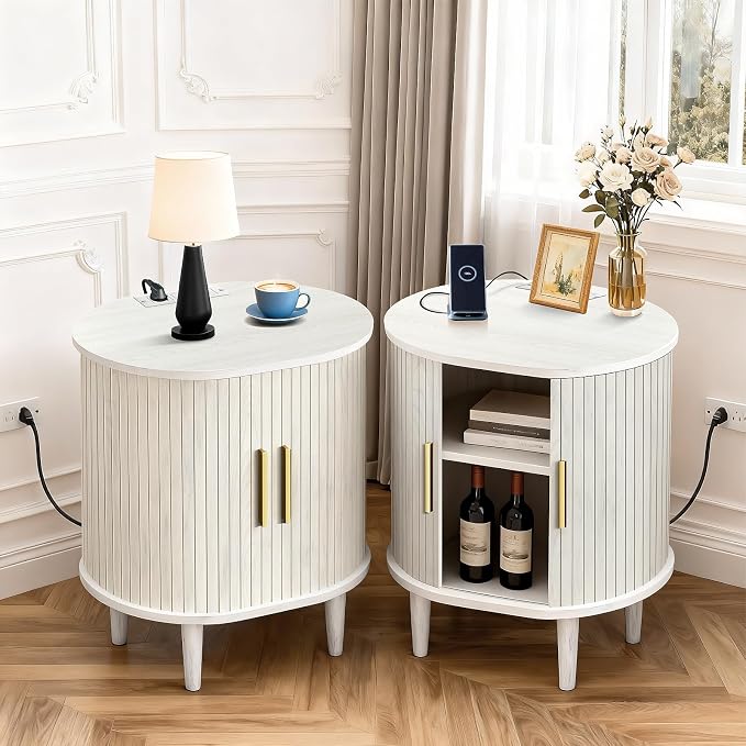 Nightstands Set of 2 & Charging Station, Fluted Accent Side Table by DHHFurnitureBuyNow