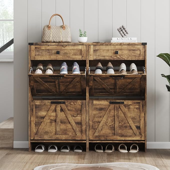 Shoe Cabinet with 4 Flip Drawers & 2 Drawers, Farmhouse Shoe Storage Cabinet - Image 7