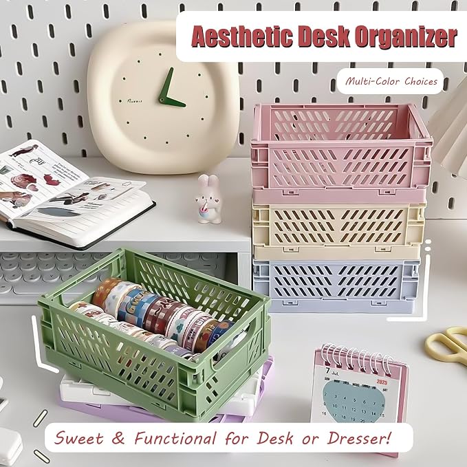 Small Pastel Plastic Storage Bins 2Pcs Foldable Pastel Crates Plastic Basket - Image 6