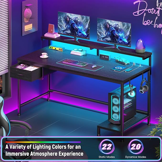 39.3" Gaming Desk with Power Outlet and LED Lights, Computer Desk with - Image 4
