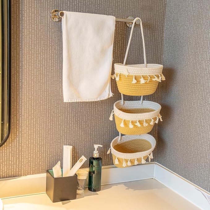 JJSQYLAN Over the Door Hanging Basket 3 Tier Small Woven Cotton Wall Hanging - Image 4