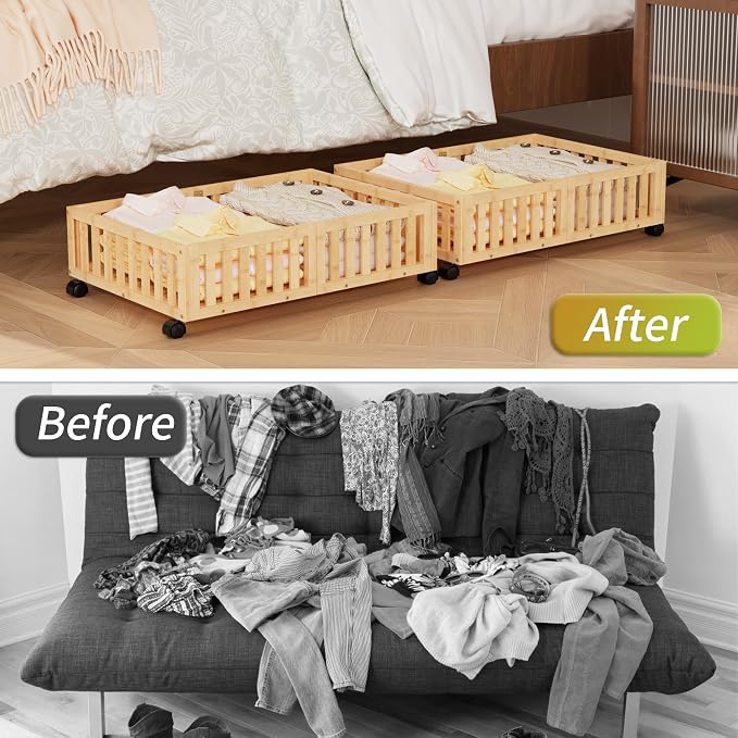 Bamboo Under Bed Storage with Wheels, Rolling Underbed Shoe Organizer Box - Image 6