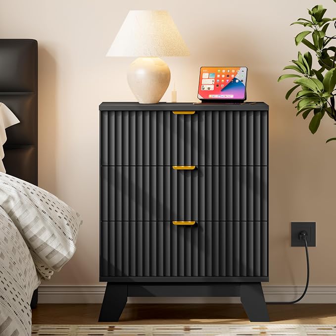 30.5" Nightstand with Charging Station, 3-Drawer Fluted Bedroom Chest, Wood - Image 3