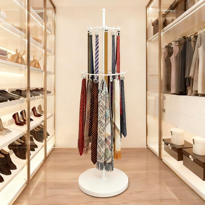 White Belt Display Scarf &Ties Rack Stand, 360° Rotation Floor Mounted Belt by kunghei