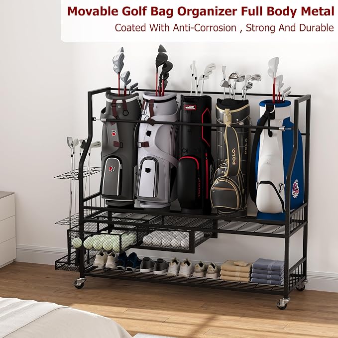 Golf Bag Storage Rack on Wheels, Mobile 5-Bag Organizer - Image 3