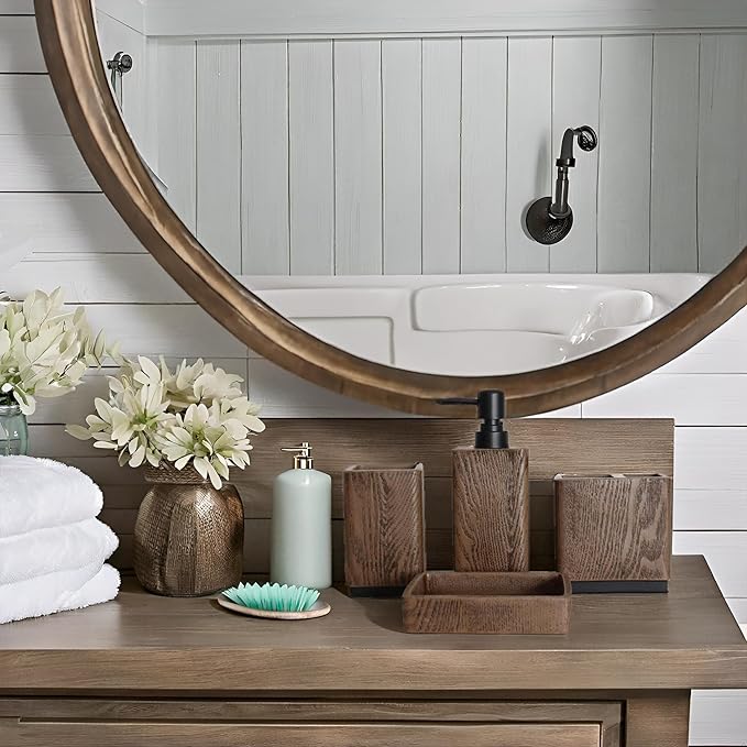 Hymmah Wood Grain Design Bathroom Accessories Set, Farmhouse Bathroom Decor - Image 4