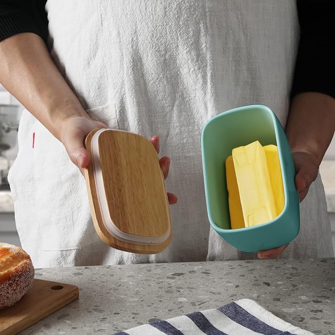 GDCZ Ceramics Butter Dish with Wooden Lid- Large Covered Butter Holder - Image 7