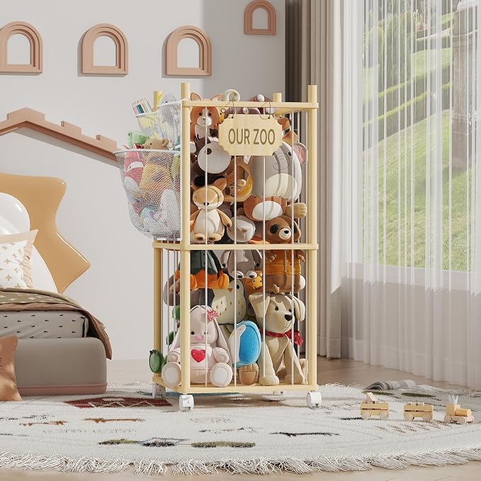 Stuffed Animal Storage with Net Wooden Toy Storage Organizer Stuffed Animal Zoo by UAMFURIDirect