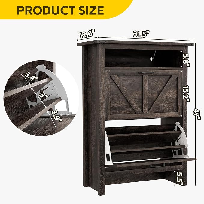 MU Shoe Cabinet with 2 Flip Drawers & Open Storage Space, Entryway Shoe Storage - Image 2