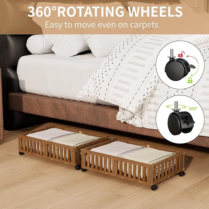 Bamboo Under Bed Storage with Wheels, Rolling Underbed Shoe Organizer Box - Image 7