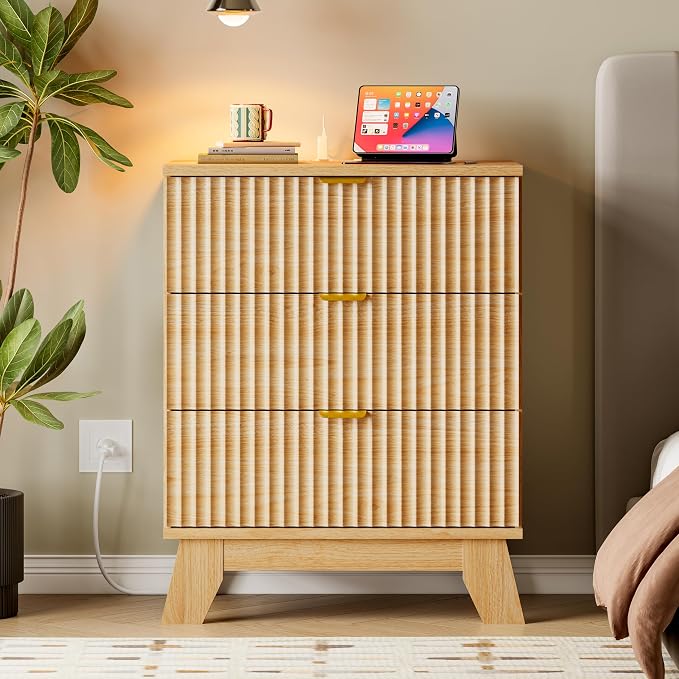 30.5" Nightstand with Charging Station, 3-Drawer Fluted Bedroom Chest, Wood - Image 7