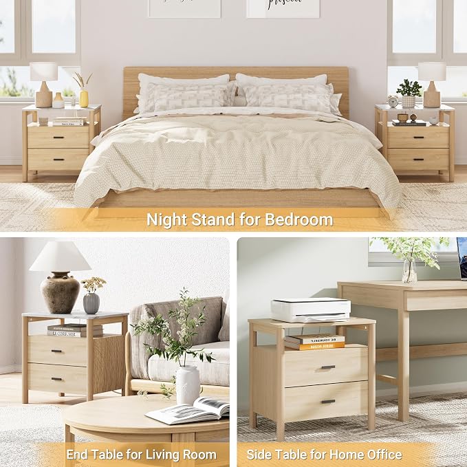 Night Stand Set of 2 with Charging Station, 2 Drawers End Table with Solid - Image 6