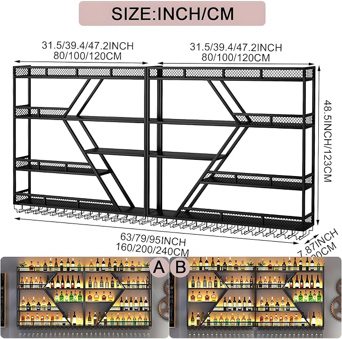 79inch Metal Wine Rack Wall Mounted, Modern Wine Storage Rack Wall Mounted - Image 2