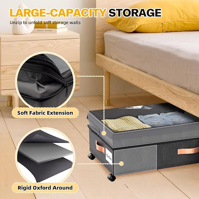 Under Bed Storage with Wheels, 2 Packs XXL Underbed Organizer with Lid - Image 4