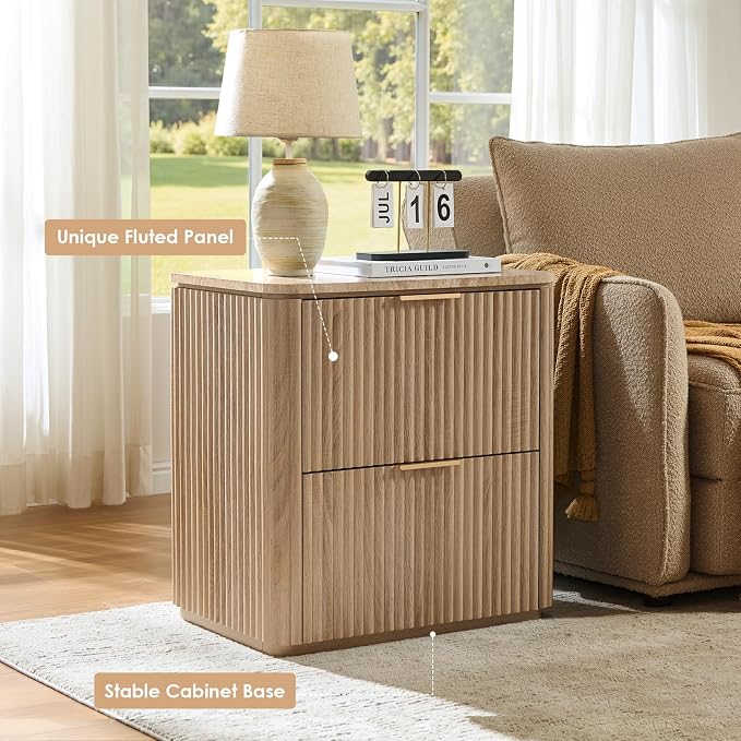 Fluted Nightstand with 2 Drawers, Bedside Table with Faux Marble-Top, - Image 3