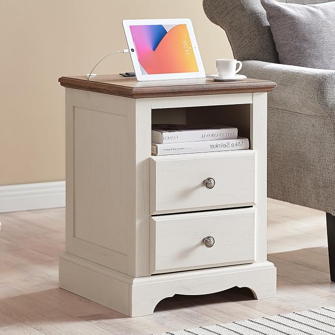 T4TREAM Nightstand with Charging Station, 18 Inch Vintage End Table with 2 by T4TREAMFurniture