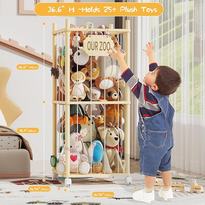 Stuffed Animal Storage with Net Wooden Toy Storage Organizer Stuffed Animal Zoo - Image 2