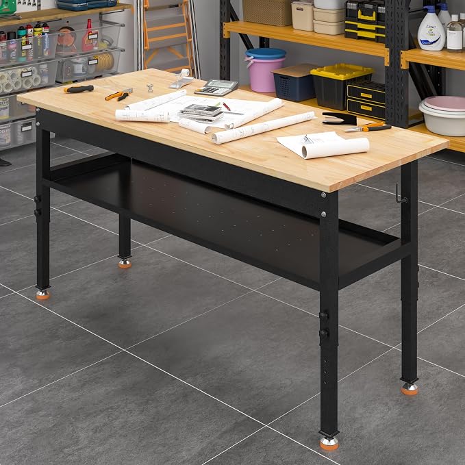 48"/60'' Adjustable Workbench, Rubber Wood Work Bench Heavy-Duty - Image 6