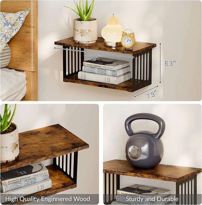 Floating Nightstand Set of 2, 2-Tier Floating Shelves Wall Mounted, Floating - Image 2