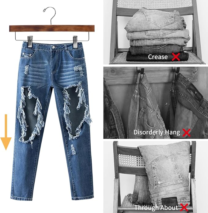 Nature Smile Deluxe Wooden Pants Hangers, Solid Lotus Wood Jeans Skirt Hanger - Image 4