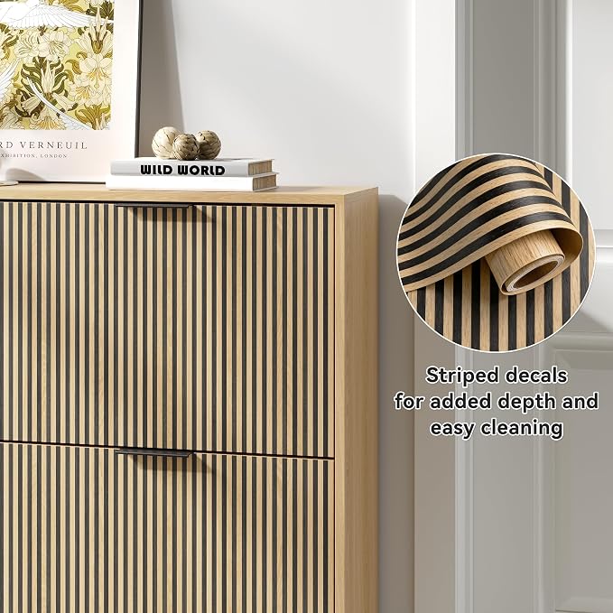 Shoe Cabinet with 2 Flip Drawers Set of 2, Narrow Wood Shoe Cabinet Storage - Image 4