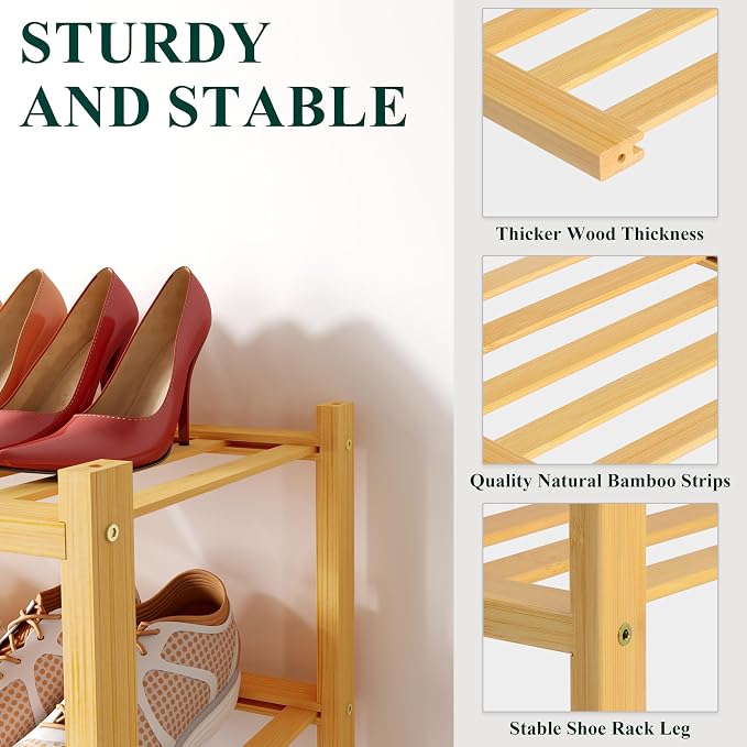 Smiry Bamboo Shoe Rack for Closet, 2 Tier Small Wooden Stackable Shoe Organizer - Image 3