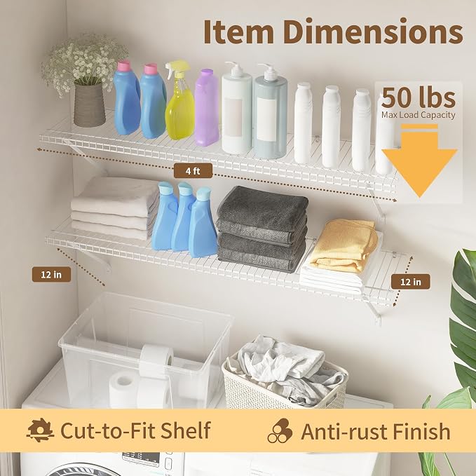 Closet Shelves Wall Mounted, 4 Pack 4 ft x 12 in White Wire Shelving Kit - Image 2